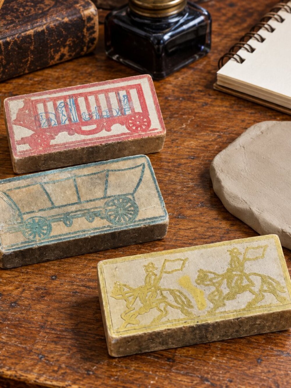 Vintage 1920s 1930s Toy Printing Blocks Clay Pressing Set of 3 Antique